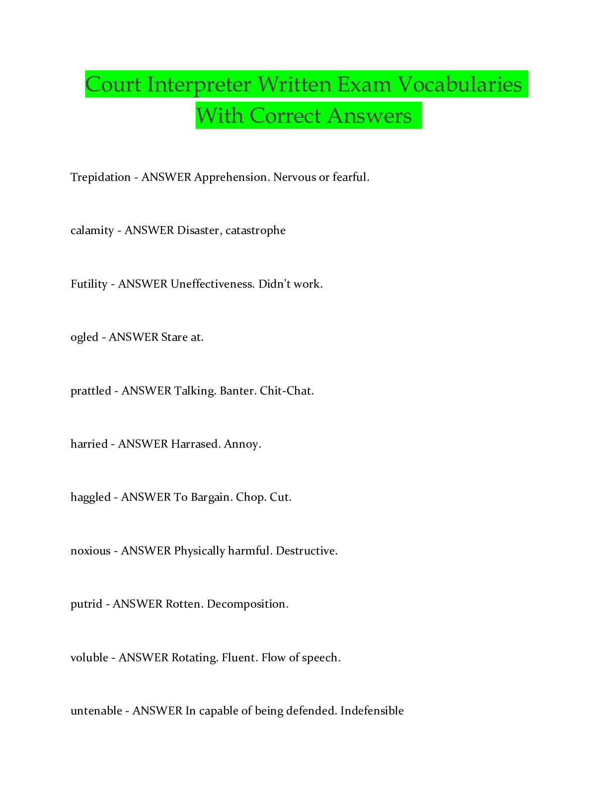 Preview image for ourt Interpreter Written Exam Vocabularies With Correct Answers